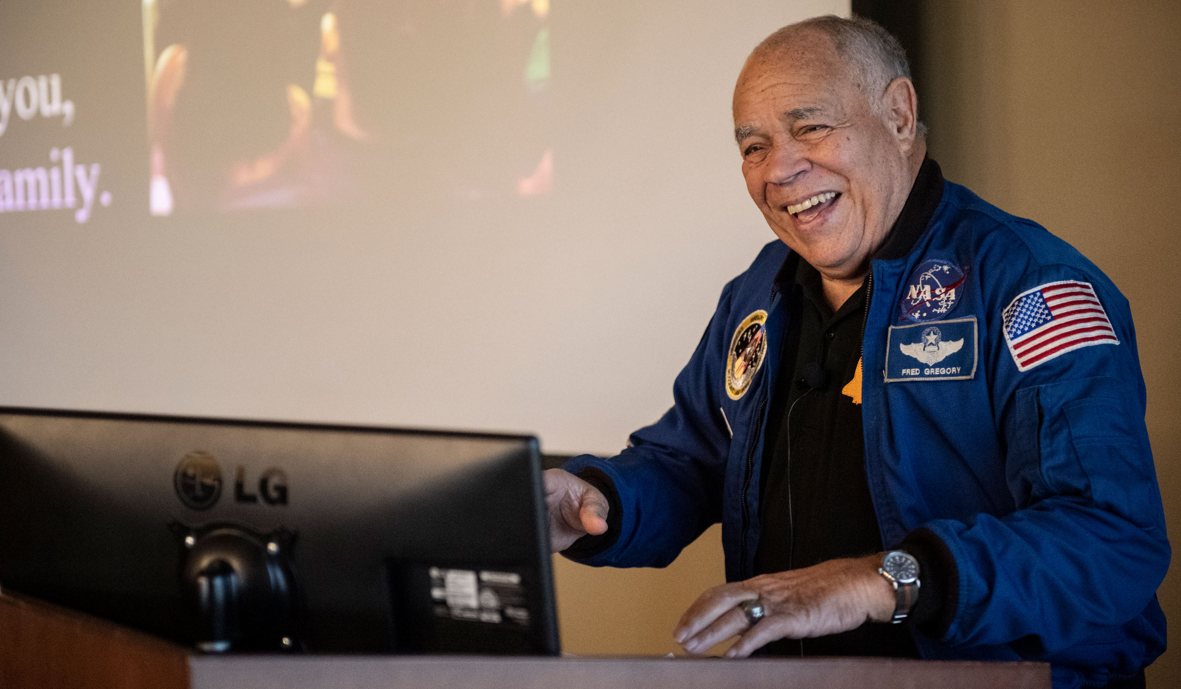 Astronaut Fred Gregory, a former NASA deputy administrator, test pilot, manager of flight safety programs and launch support operations speaks in Griffis.
