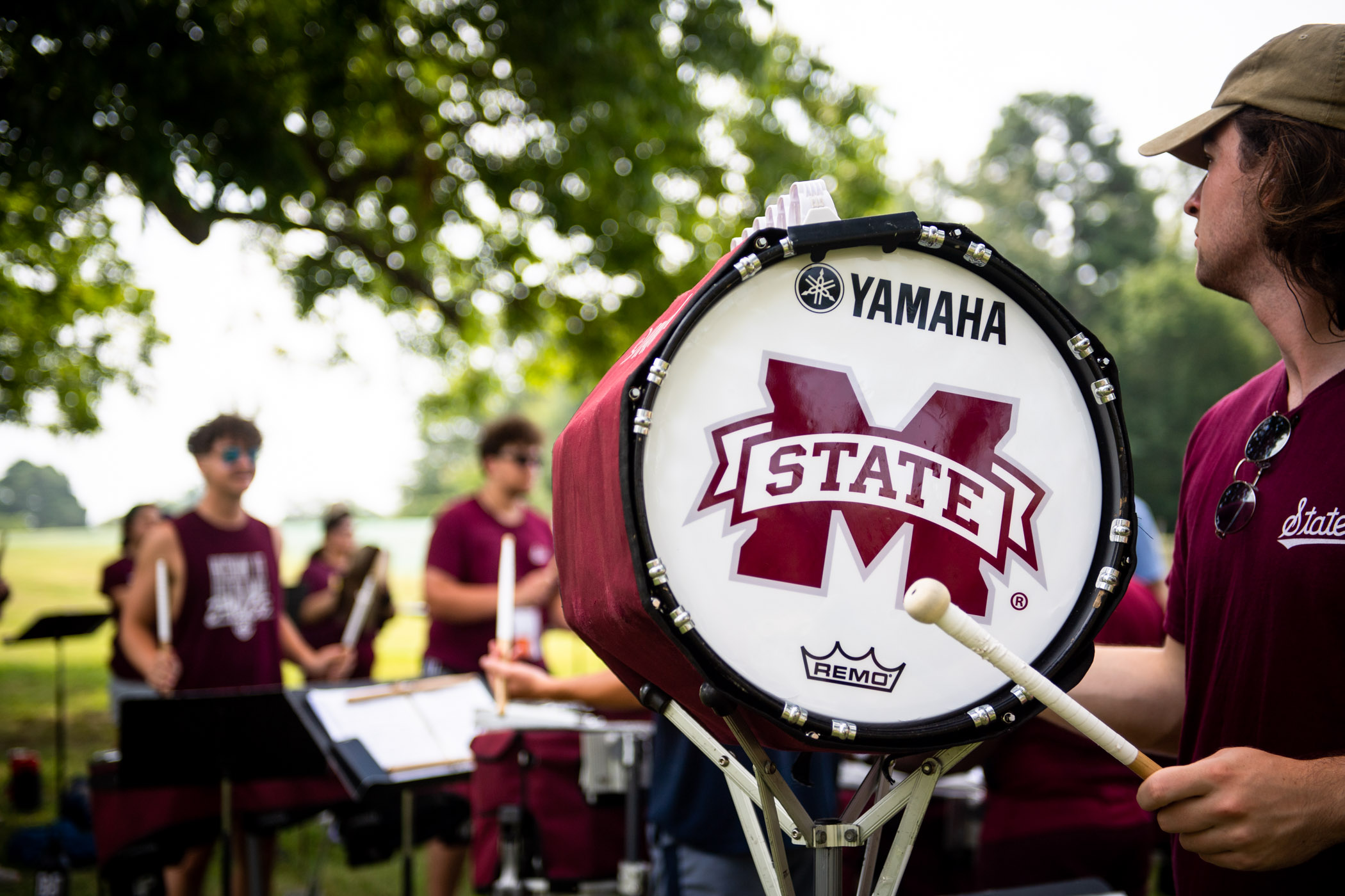 Percussionists of MSU&#039;s Famous Maroon Band Drumline run through their music during a morning practice before welcoming FMB 2023 to campus.