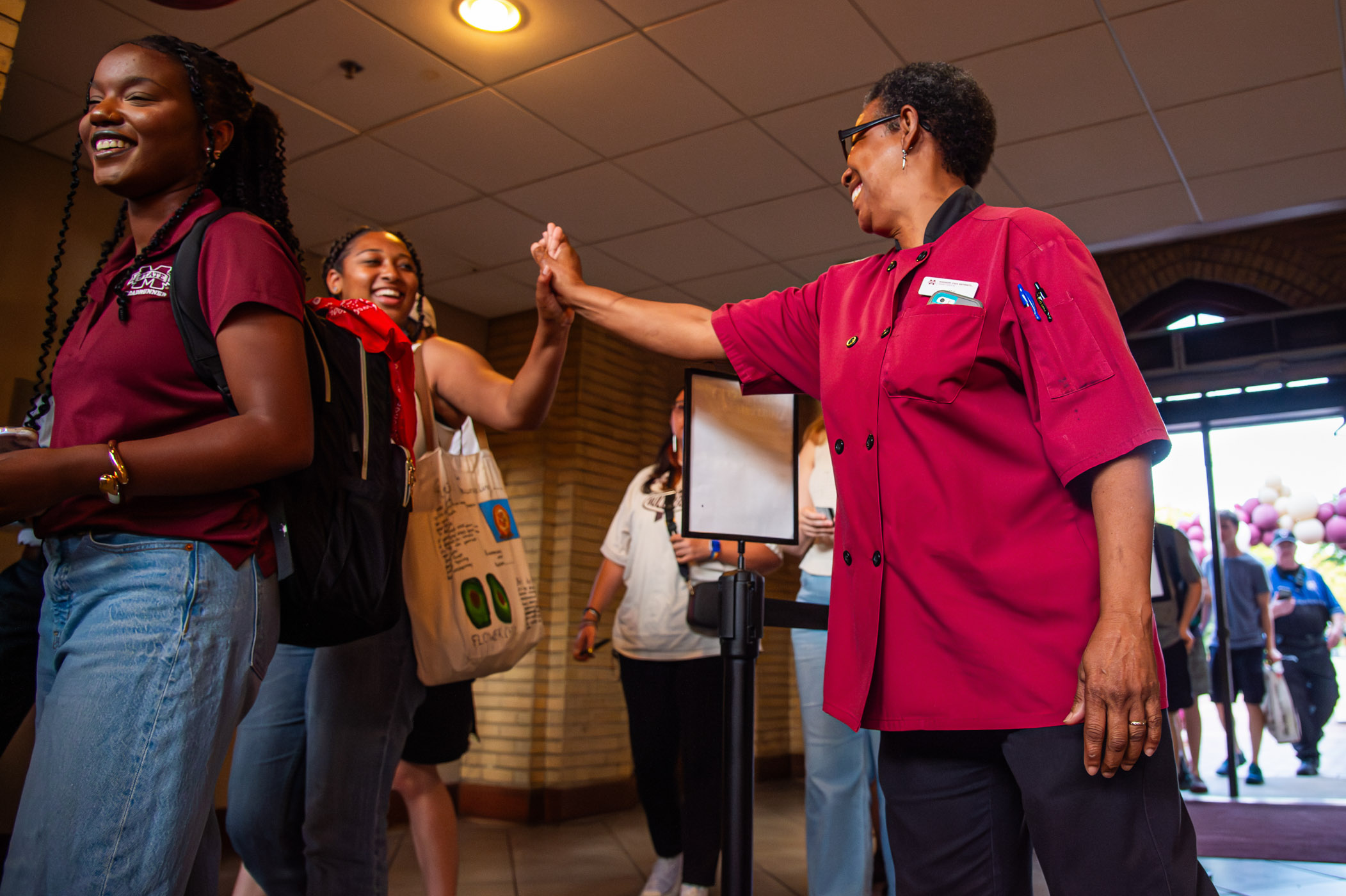 “Miss Annie,” beloved MSU Dining Services employee welcomes students with &quot;high-fives&quot; one last time at “Peace Out, Perry”— a send-off party to bid a temporary farewell to The Marketplace at Perry for major renovations.