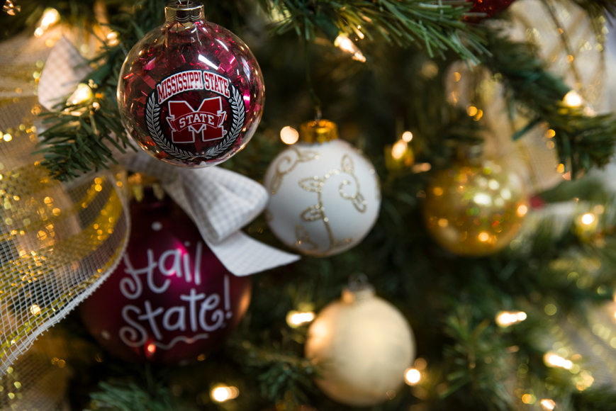 MSU Ornaments hang on a Christmas tree in Allen Hall.