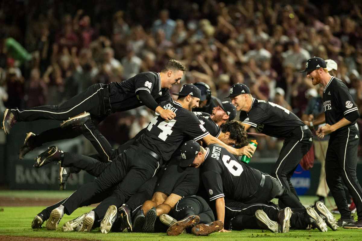 MSU Baseball team dogpiles on the pitchers mound after clinching a CWS appearance in Omaha.