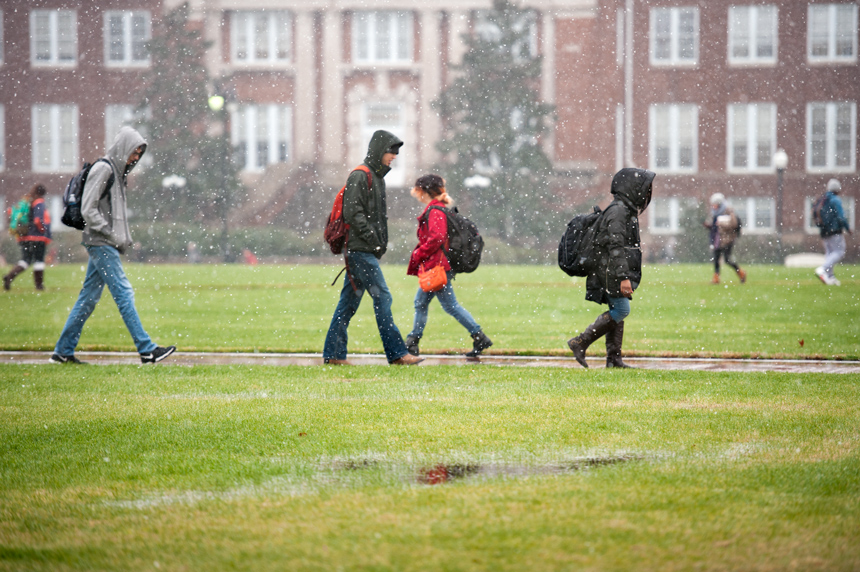 Walking to Class in Snow Flurries