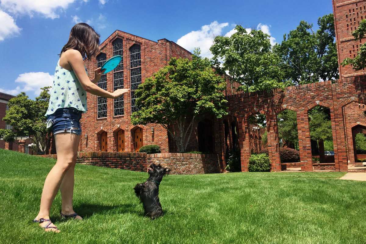 Emily Necaise plays frisbee with her dog in the Chapel of Memories grass.