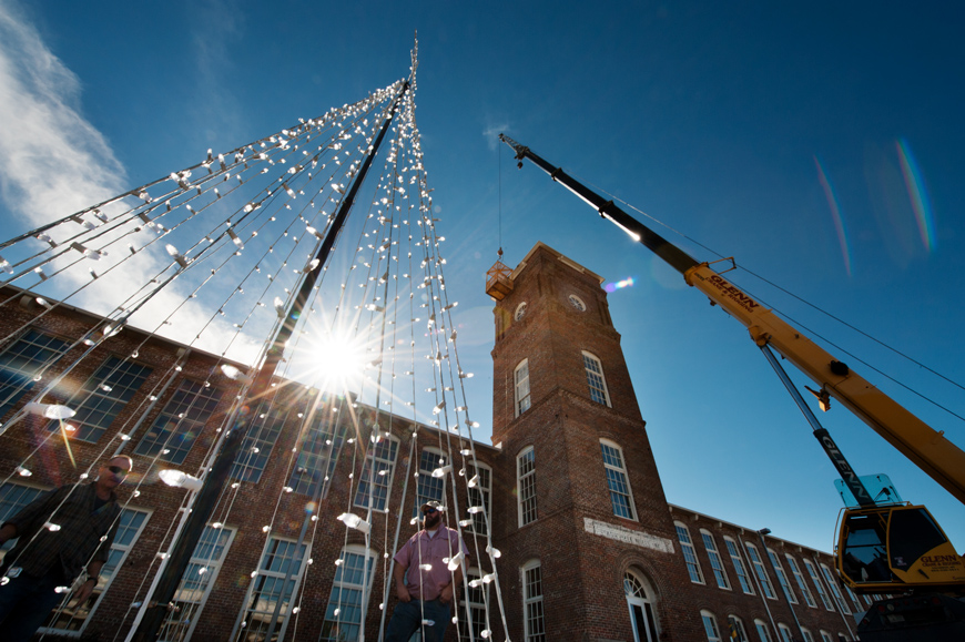 Christmas tree made of lights is prepared for installation at The Mill
