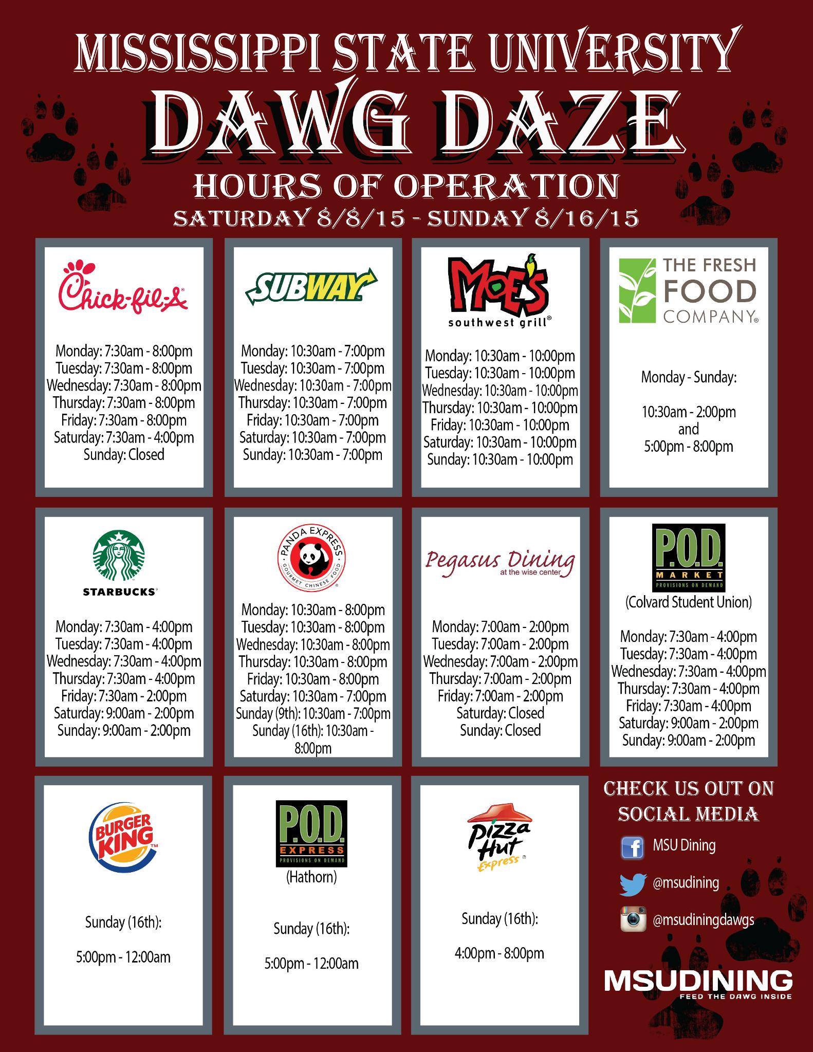 MSU Dining announces Dawg Daze hours Mississippi State University