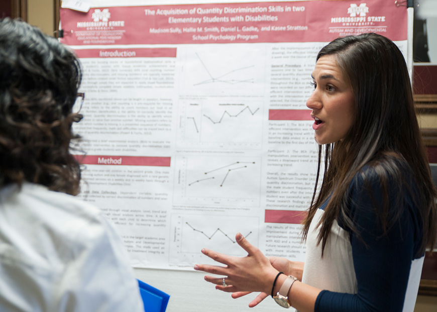 Madison A. Sully of Charlotte, North Carolina, an education/school psychology graduate student, discusses her project during MSU’s recent 2015-16 Graduate Student Research Symposium. (Photo by Mitch Phillips)