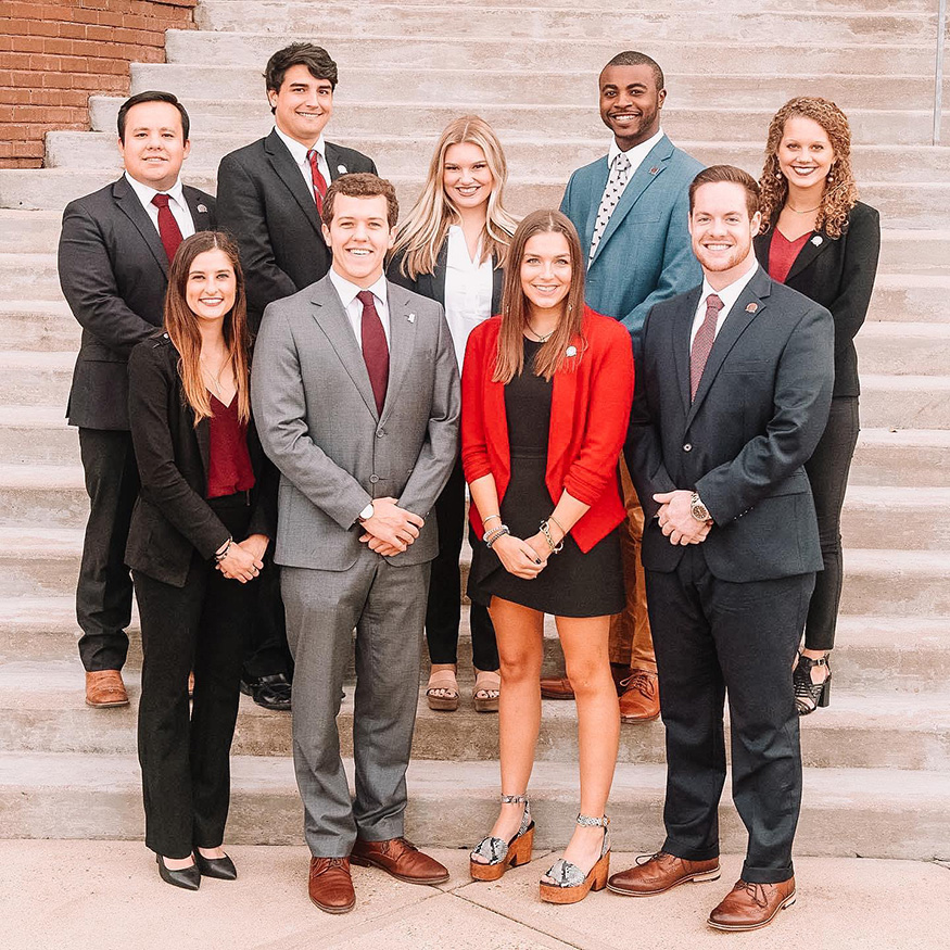 Members of the Student Association’s 2019-20 Executive Council are pictured in fall 2019 on the steps of Lee Hall.
