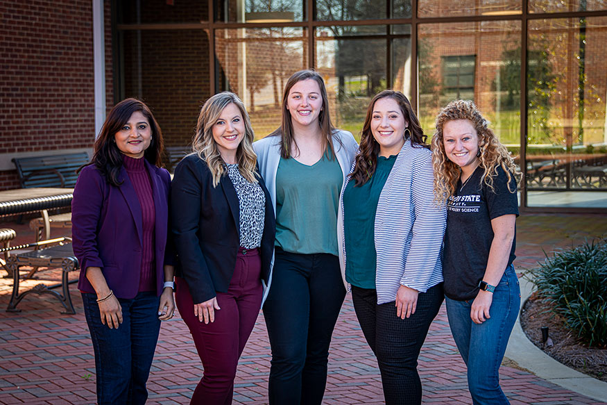 left to right, MSU Assistant Professor Pratima Adhikari; Tannah Christensen, a human sciences master’s graduate from Ackerman; Marissa Powell, a poultry science master’s student from Guyton, Georgia; Peyton Taylor, a poultry science master’s student from Irvington, Alabama; and Samantha Plocher, a poultry science sophomore from Salem, Ohio.