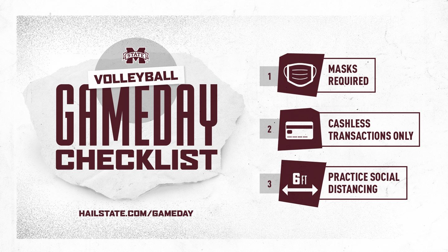 Maroon, white and gray graphic with fan reminders for home volleyball matches