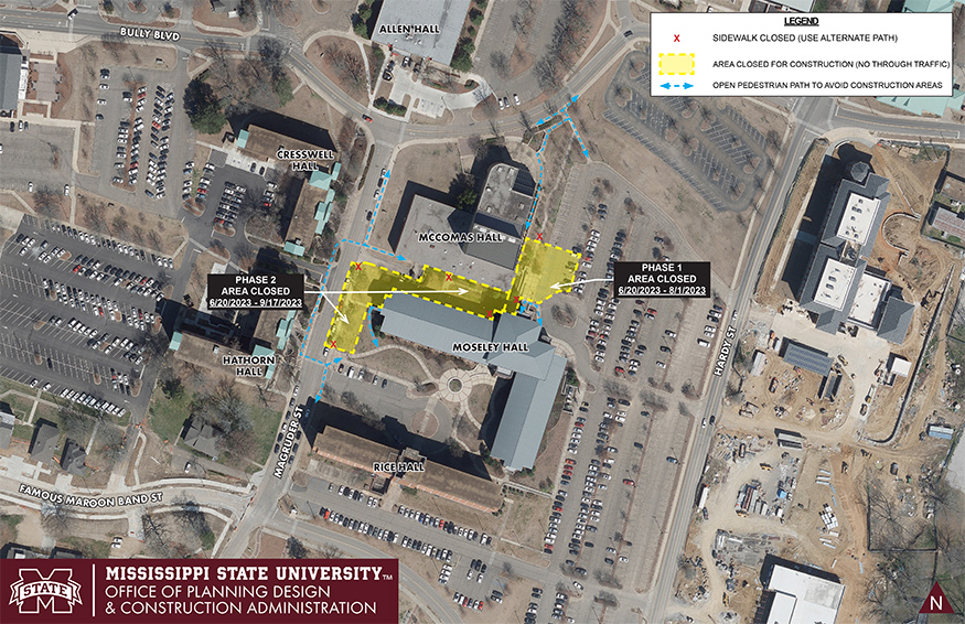 A map depicting the McComas Hall Waterproofing Outage
