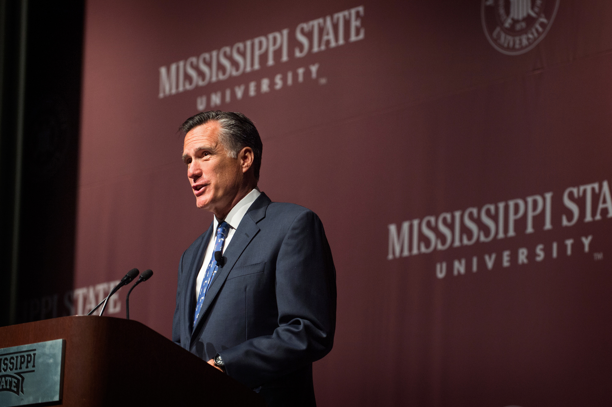 Former Massachusetts Gov. Mitt Romney speaks to a Mississippi State University audience as part of the university's Global Lecture Series.