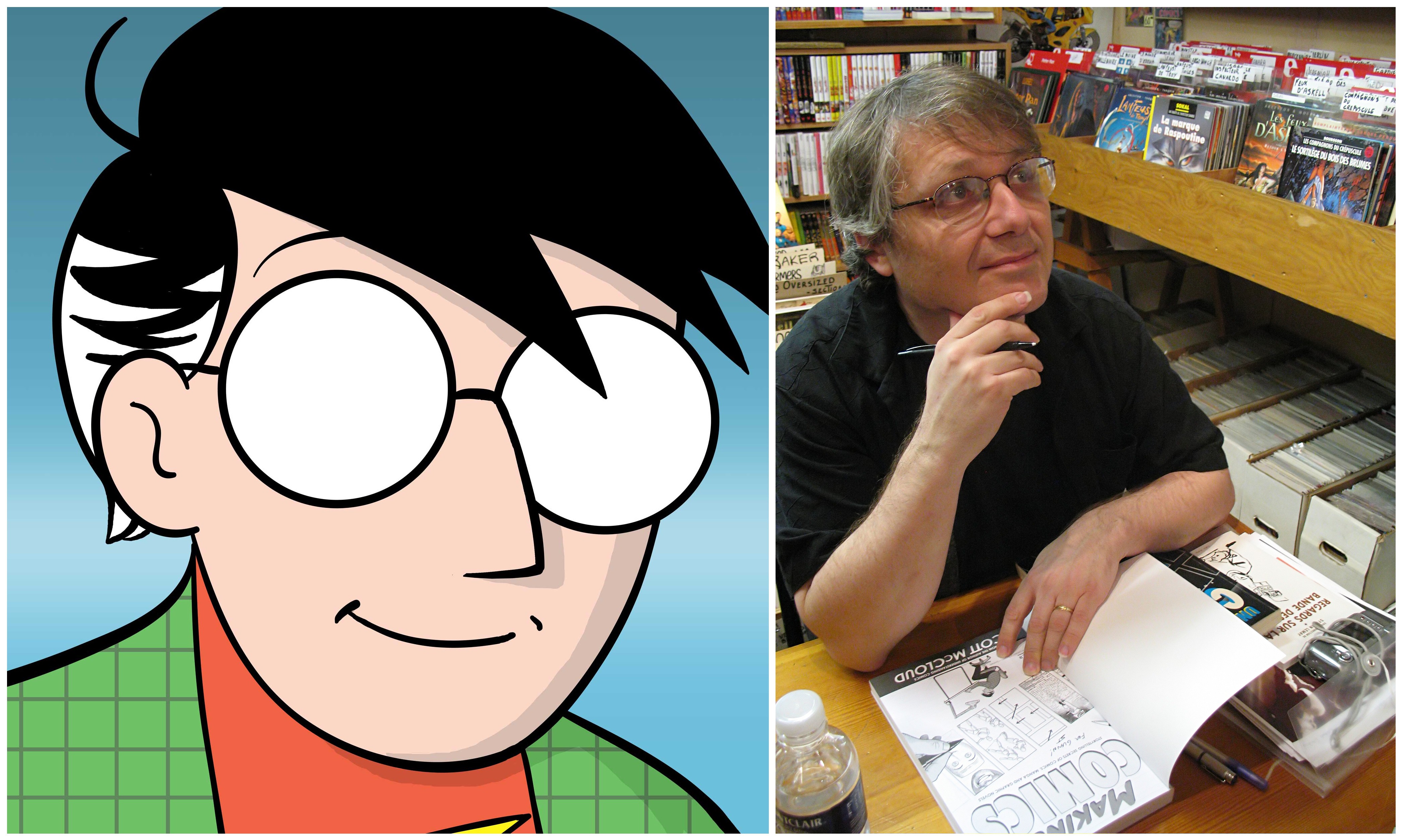 Scott McCloud's self-portrait, left, and McCloud pictured at a book signing, right.