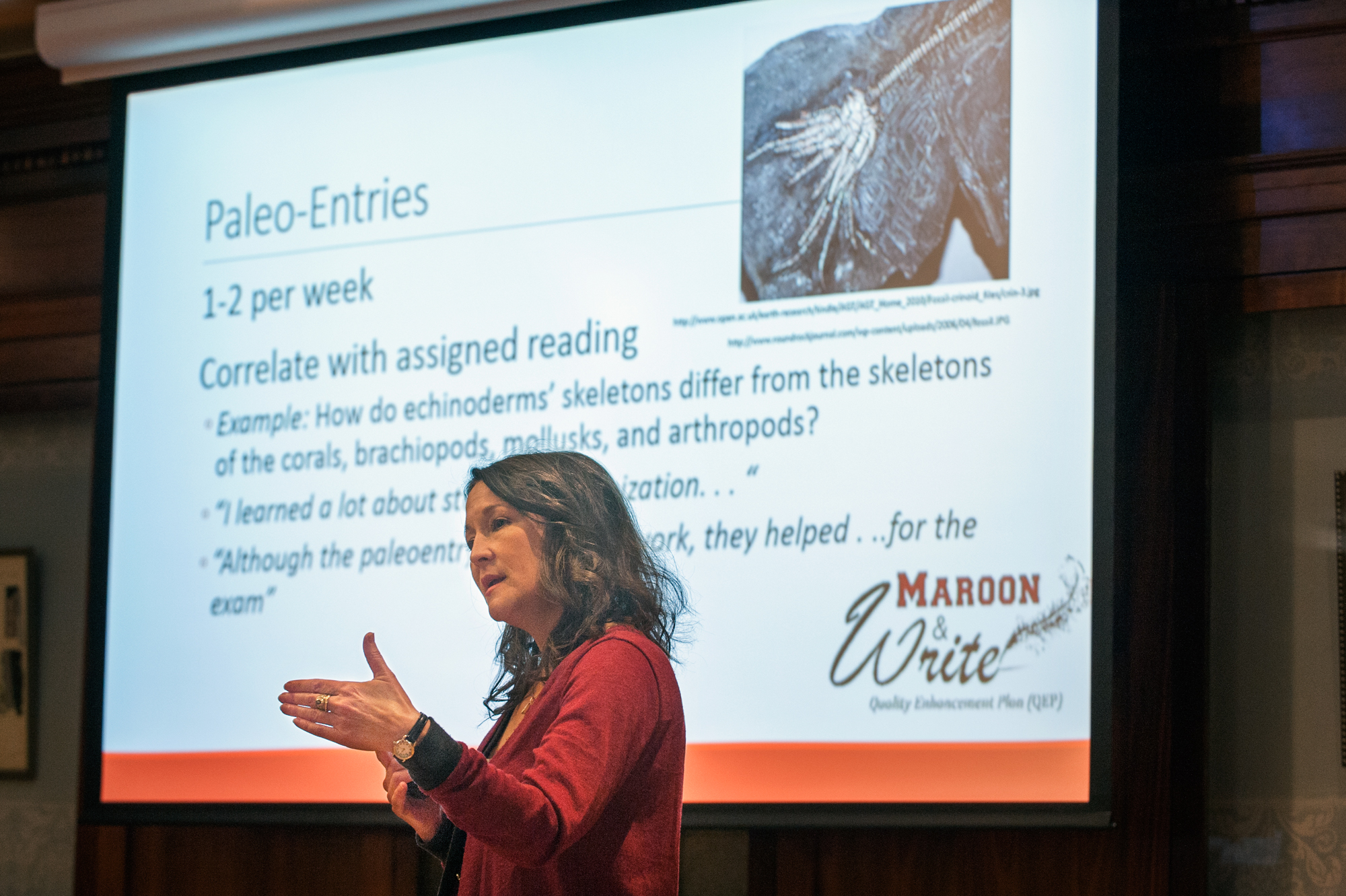 Renee Clary, associate professor of geosciences at Mississippi State University, explains how she structured her fall 2014 principles of paleobiology course to incorporate more writing assignments. The class is one of several Maroon & Write courses that incorporate more writing assignments into classes not traditionally associated with writing.