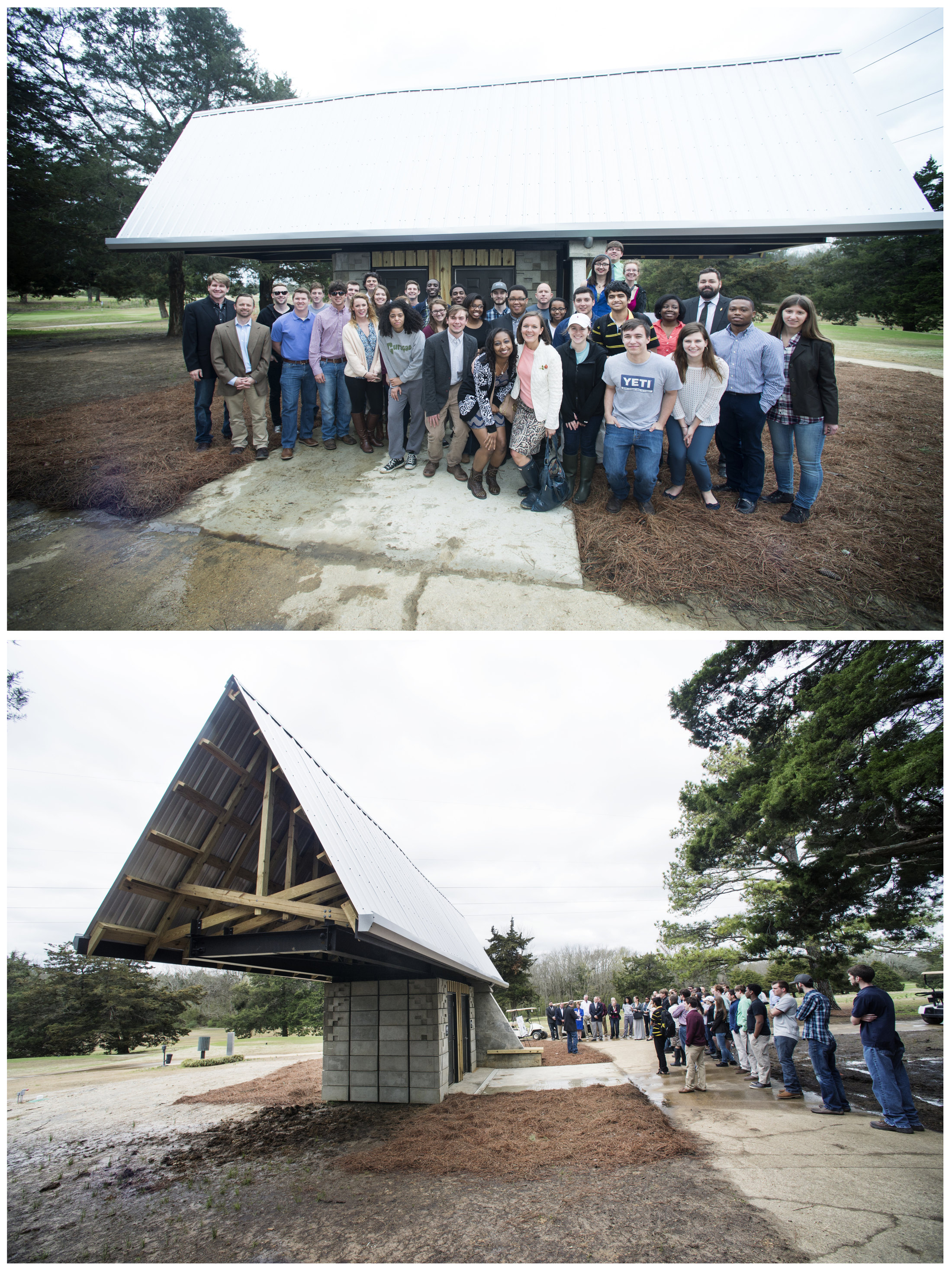 Second-year architecture and building construction science students at Mississippi State University celebrate the opening of the two on-course shelters on MSU Golf Course. They designed and built the facilities over the fall semester.