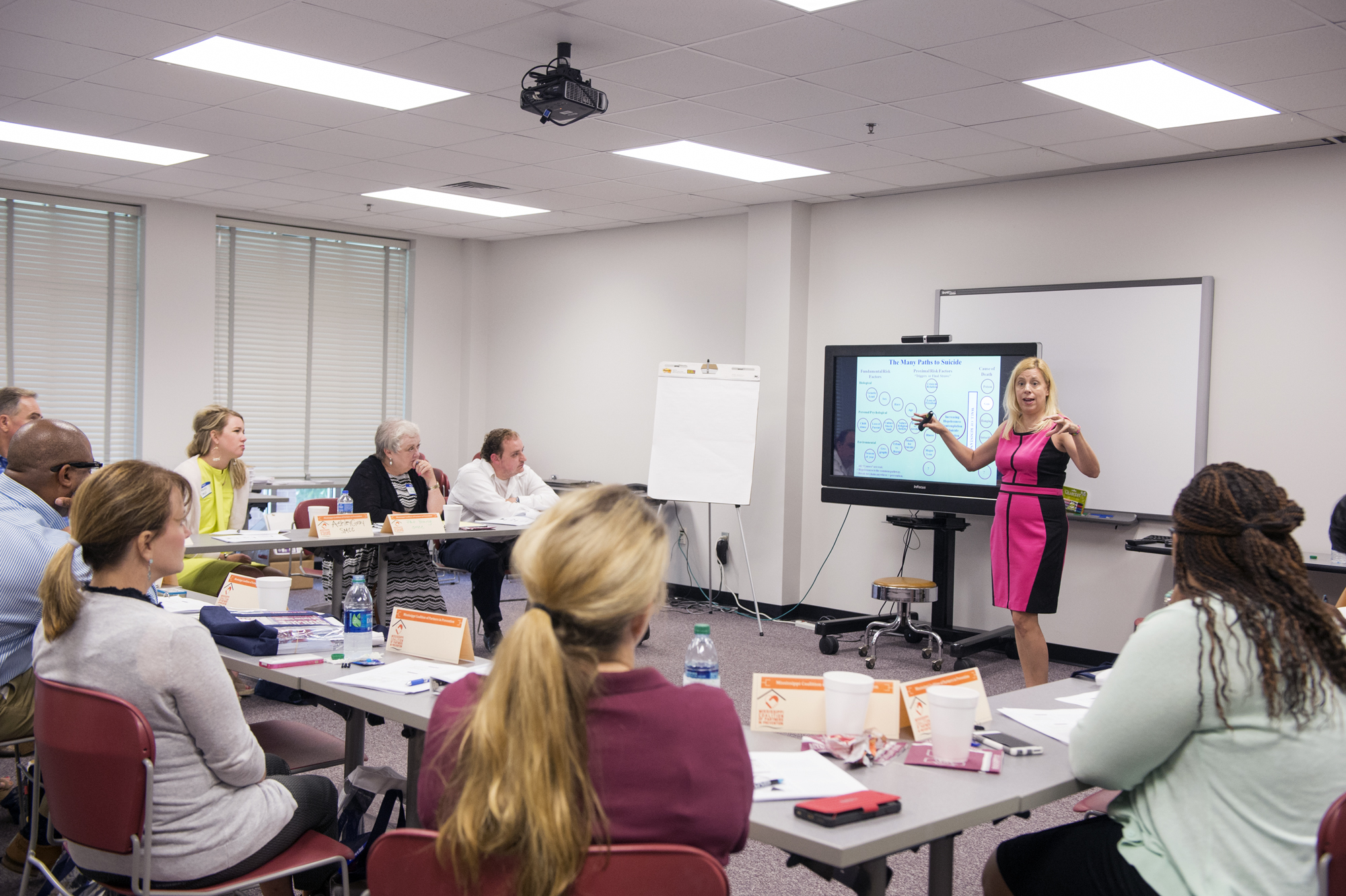 Connie Briscoe, director of The Wellness Center at Rollins College in Winter Park, Florida, and a master QPR trainer, presents to members of the Mississippi Coalition of Partners in Prevention at MSU's Longest Student Health Center.