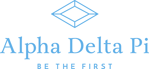 Alpha Delta Pi "Be The First" logo with light blue letters on a white background