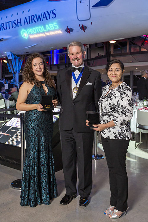 MSU aerospace engineering alumna Leeann Meadows, left, and Aerospace Engineering Professor Rani Sullivan, right, receive the 2018 George Stephenson Medal from Institution of Mechanical Engineers President Tony Roche. (Submitted photo)