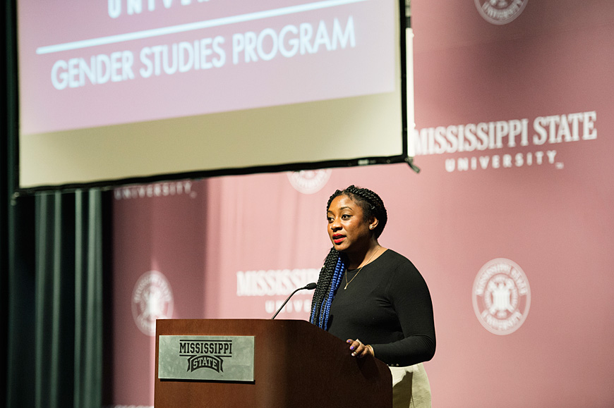 Alicia Garza, co-founder of the social media hashtag #blacklivesmatter and central figure for the Black Lives Matter movement, spoke Tuesday [March 8] in Lee Hall’s Bettersworth Auditorium. Her speech “Say Her Name: Gender, Feminism and the Black Lives Matter Movement” was part of the Mississippi State University Gender Studies Program’s celebration of Women’s History Month. (Photo by Megan Bean)