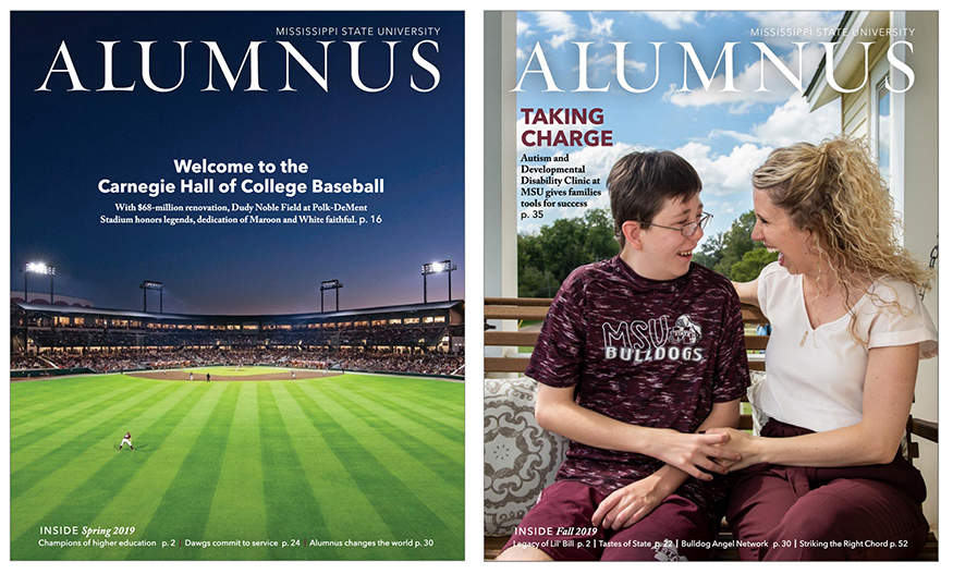 Spring and Fall 2019 covers of MSU's Alumnus magazine