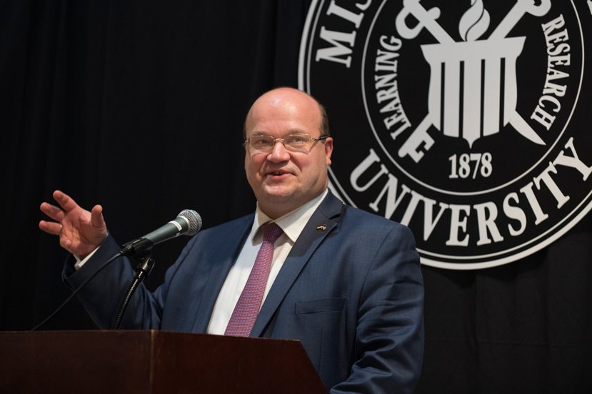 Valeriy Chaly, Ukrainian ambassador to the United States, speaks at Mississippi State University on Wednesday [Aug. 31] as part of MSU’s Global Engagement Lecture Series. (Photo by Beth Wynn)