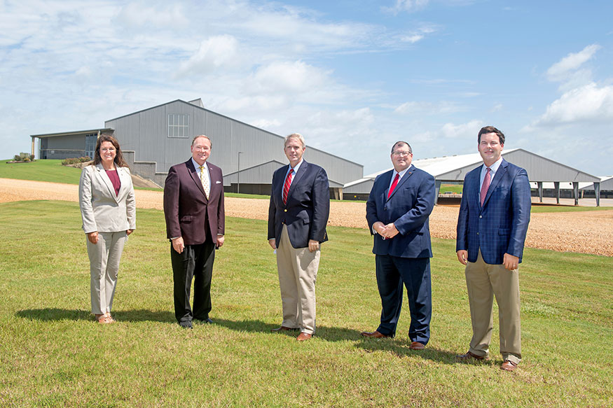 Standing outside at the Mississippi Horse Park from left to right are Mississippi Horse Park Director and Oktibbeha County District Four Supervisor Bricklee Miller; MSU President Mark E. Keenum; Northern District Public Service Commissioner Brandon Presley; Southern District Public Service Commissioner Dane Maxwell; and Atmos Vice President of Rates and Regulatory Affairs Mathew Davidson. 