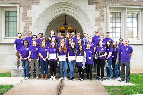 Participants in Mississippi State’s 12th annual Biological Sciences Undergraduate Research Program symposium pose with faculty members and keynote speaker Dr. Cooper Brookshire (back row in blue shirt) after the award ceremony. (Photo by Beth Wynn)