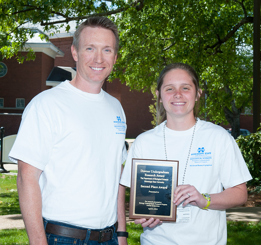Katie Hill of Southaven, second place, with Assistant Professor Justin Thornton of the MSU biological sciences department.