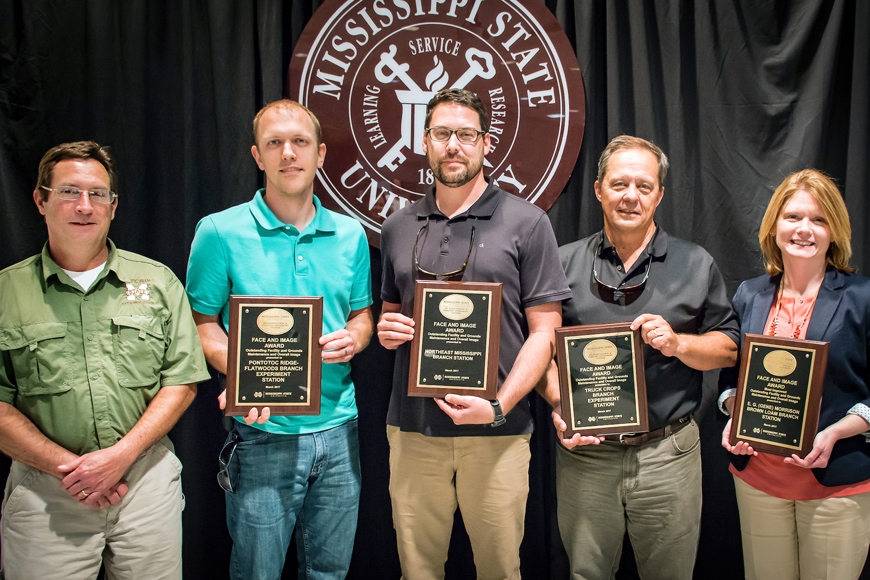 Branch experiment station award winners (from left) Mark Shankle and Stephen Meyers, Pontotoc Ridge-Flatwoods; Casey Barickman, Northeast Mississippi; Peter Hudson, Truck Crops; and Sherry Surrette, Brown Loam. (Photo by David Ammon)