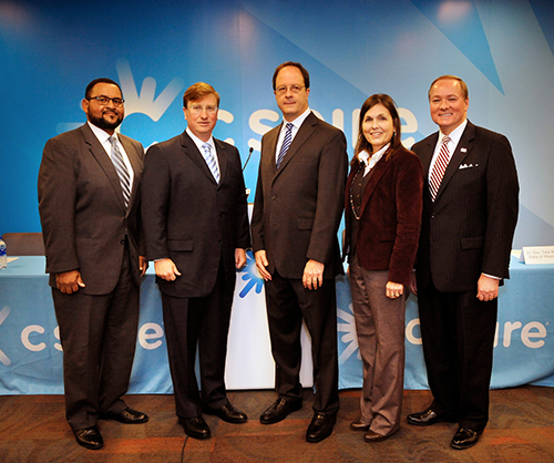 C Spire executives and state education officials announced the launch of the Software Development Pathway public-private partnership during an Oct. 17 news conference. Pictured, from left, are Pete Smith of the Mississippi Department of Education, Lt. Gov. Tate Reeves, C Spire CEO Hu Meena, Executive Director of the Mississippi Community College Board Andrea Mayfield, and MSU President Mark E. Keenum. (Photo by Logan Kirkland)