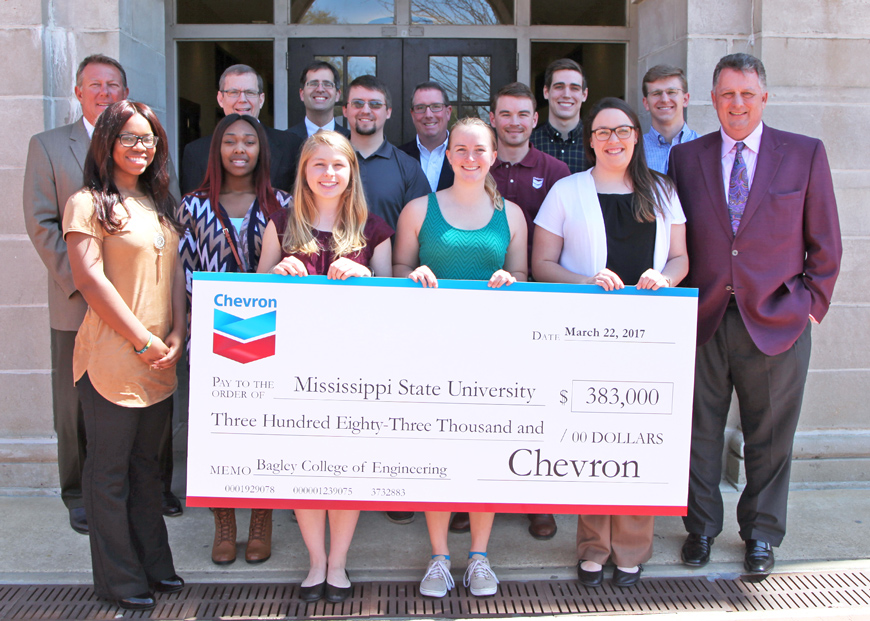 Representatives from Chevron recently presented MSU’s Bagley College of Engineering with a contribution to support several projects and programs within the college. Chevron is a leading employer of MSU engineering alumni. Pictured on the front row, from left to right, are engineering students Bianca Thomas, Chelsea Cherry, Emily S. Turner, Rachel Hybart, Heidi Wallis and Chevron’s Jay R. Pryor. On the second row is W.D. Hunter and Craig May of Chevron, student Brandon Davis, Wil Harris of Chevron and student Sander Ohnstad. On the third row is Bagley College of Engineering Dean Jason M. Keith, Bagley College of Engineering Director of Development Bennett Evans and student Ike Armour. (Submitted photo)