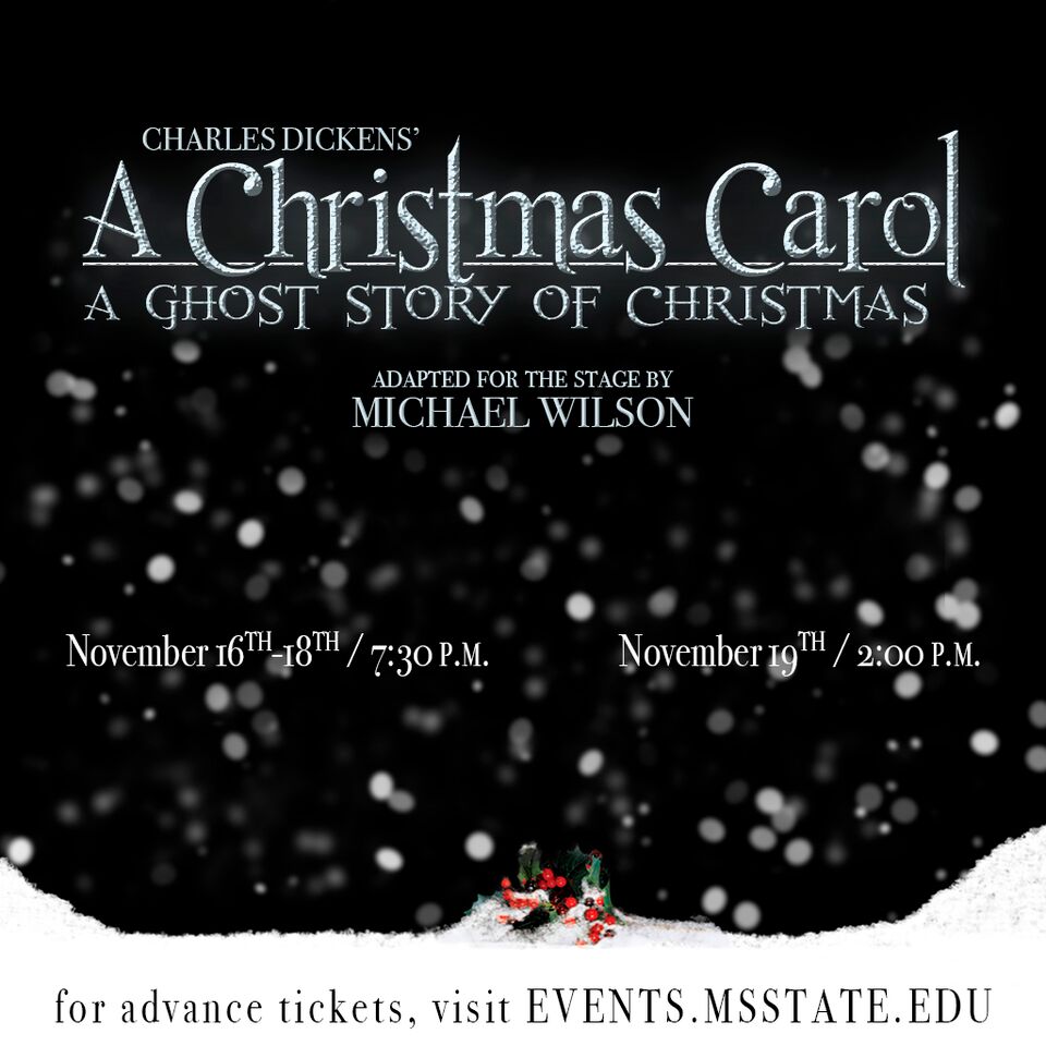 A Christmas Carol graphic with black snowy background and text in front