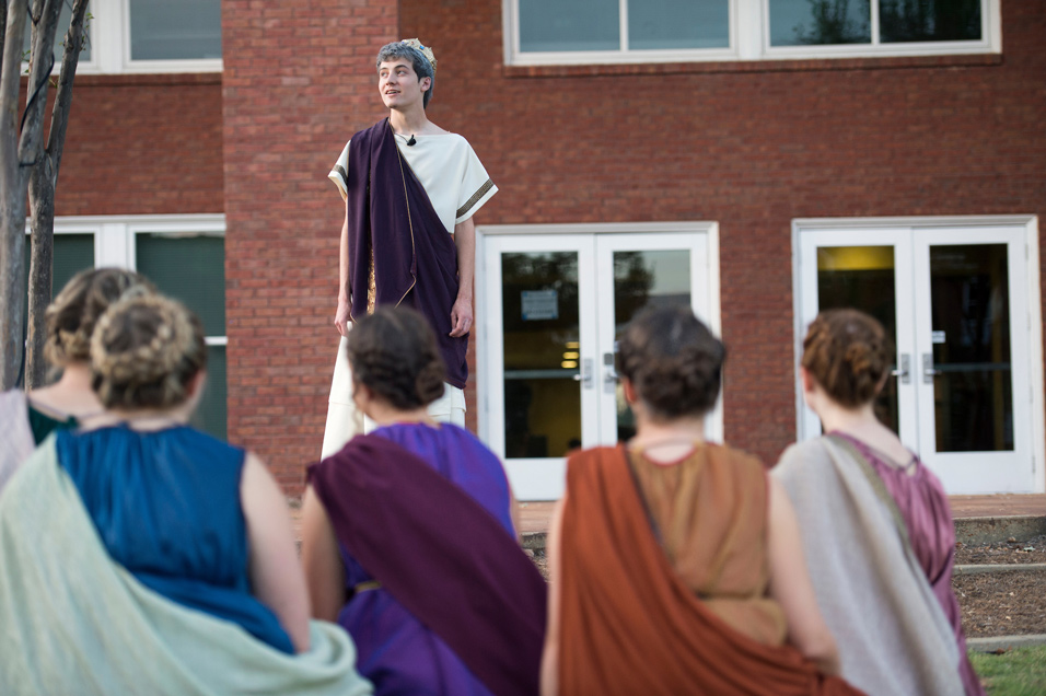 Each year, students in the Shackouls Honors College present a theatrical celebration of Greek, Roman and other ancient cultures. “A Pot of Gold” will be presented Sept. 26 and 27 at the Griffis Hall patio at the Zacharias Village courtyard. (Photo by Megan Bean)