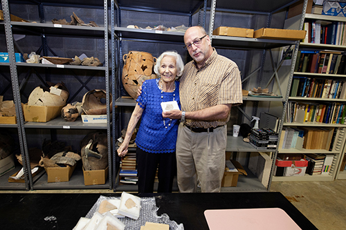 Alfalene Vardaman Morse, whose late husband E. Jerry Vardaman was the first to excavate Machaerus in 1968, recently met Christopher Rollston, a George Washington University professor and one of the world’s leading experts on ancient Semitic languages and scripts, so that Rollston could take temporary possession of 19 ostraca to study the ancient pottery fragments and translate their inscriptions. Morse and Rollston met at MSU’s Cobb Institute of Archaeology, where Jerry Vardaman became founding director in 1972. (Photo by Megan Bean) 