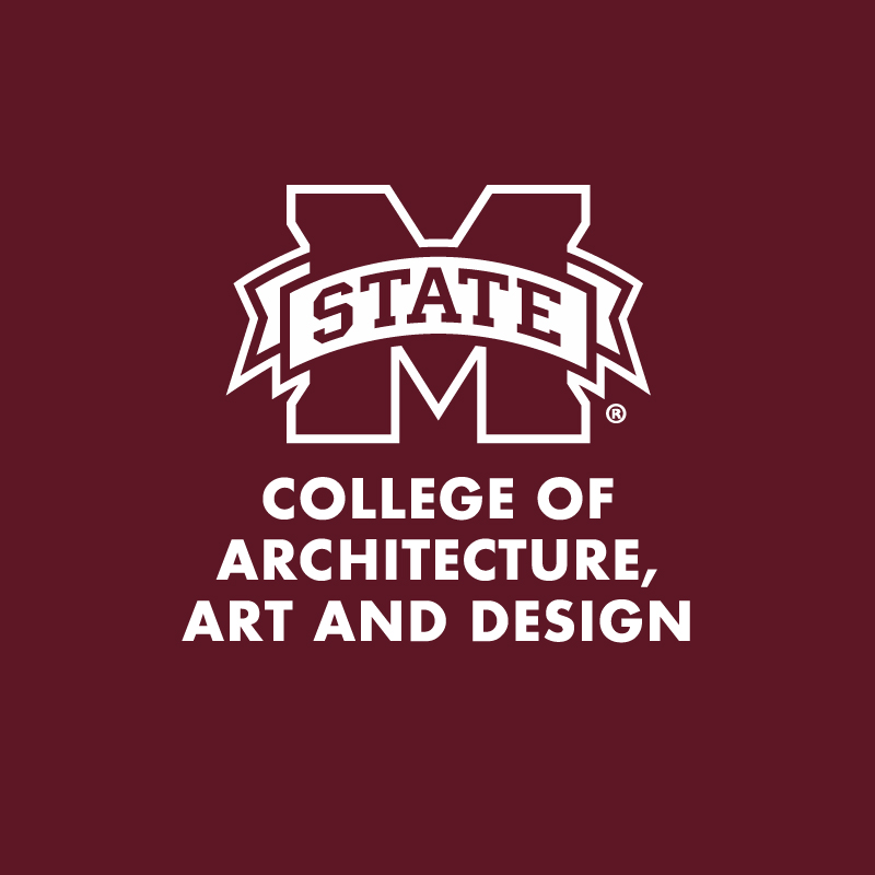 "M-State" and "College of Architecture, Art and Design" in white letters on a maroon background