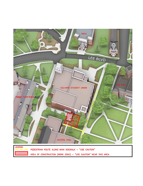 Map showing construction area near Colvard Student Union