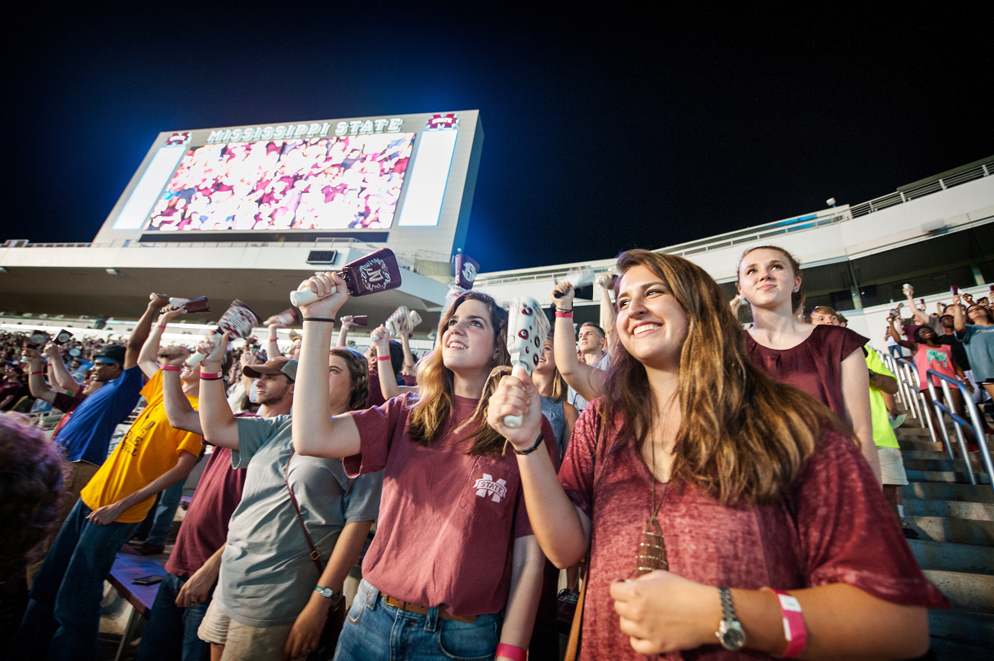 Mississippi State University broke the Guinness World Record for most people ringing cowbells simultaneously during the 2015 Cowbell Yell. This year’s Cowbell Yell will take place Thursday [Sept. 1] at 9 p.m. at Davis Wade Stadium. (Photo by Megan Bean)