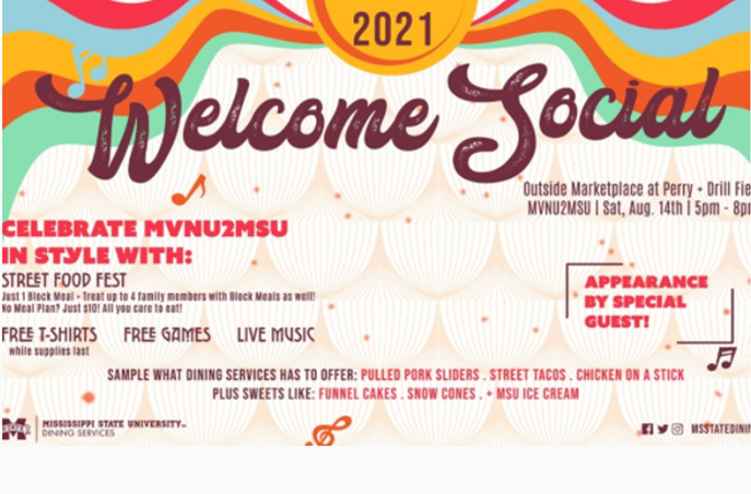 Maroon, red, blue, orange and green graphic with details about MSU Dining's Welcome Social