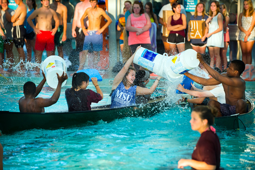 The popular Battleship event at the Joe Frank Sanderson Center pool is among many fun activities available to incoming freshmen and transfer students during Mississippi State’s 11th annual Dawg Daze. (Photo by Russ Houston)