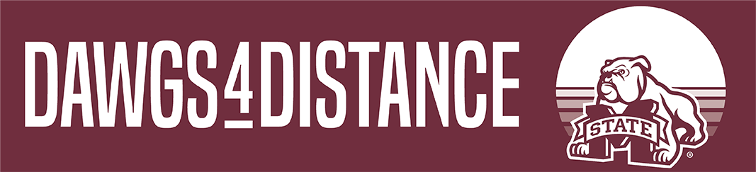 Maroon and white graphic of a bulldog and the words "Dawgs for Distance" in all capital letters