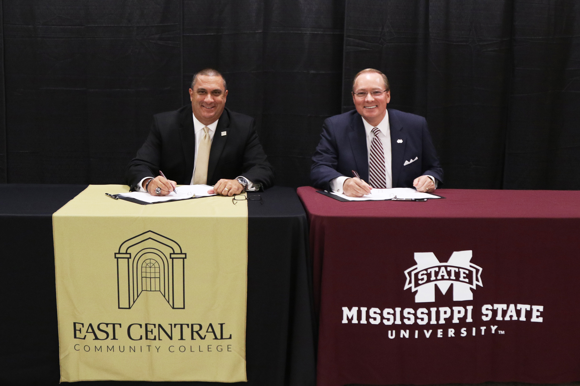 East Central Community College President Billy W. Stewart and Mississippi State University President Mark E. Keenum sign a Partnership Pathways agreement during a Tuesday [Nov. 8] ceremony at ECCC in Decatur. (Photo courtesy of East Central Community College)