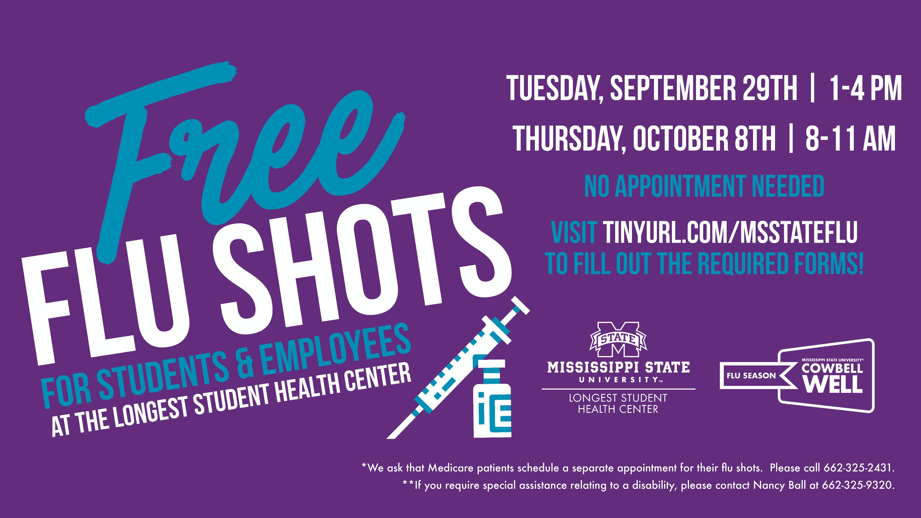 Blue and purple graphic promoting free flu shot clinics for MSU students and employees