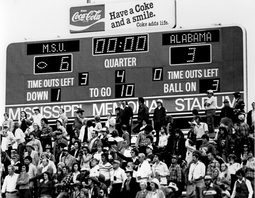 An iconic photo of the scoreboard at Mississippi Veterans Memorial Stadium in Jackson shows the final tally in the Mississippi State University football team’s improbable 6-3 upset of No. 1 Alabama on Nov. 1, 1980. The Mississippi Sports Hall of Fame and Museum will celebrate the 35th anniversary of the Bulldogs’ victory with a banquet and dinner Wednesday [Sept. 23].