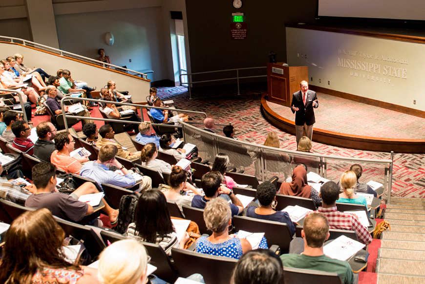MSU President Mark E. Keenum speaks to nearly 300 new graduate teaching assistants during a training workshop in preparation for their formal GTA certification. (Photo by Keats Haupt)