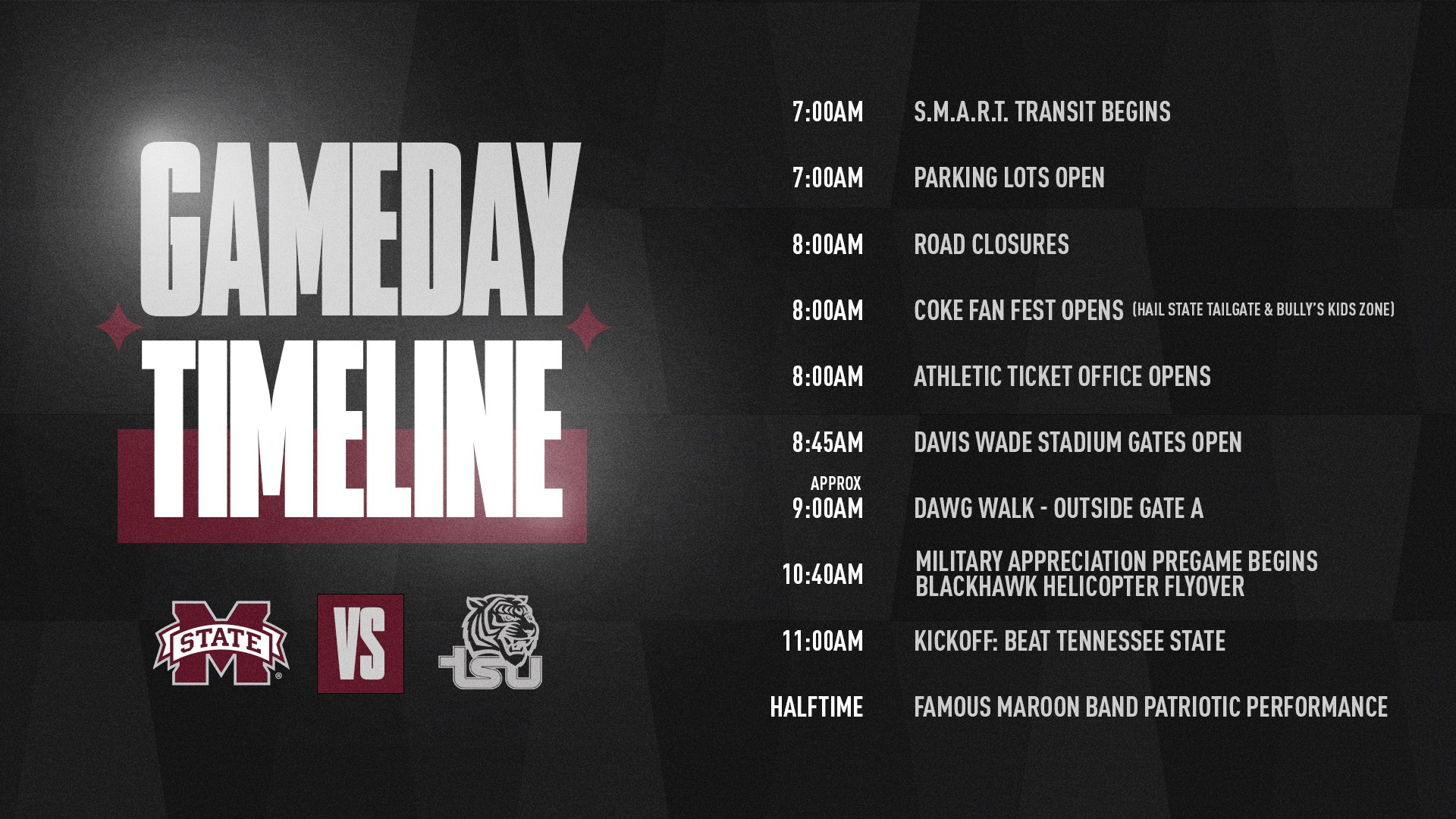 Maroon, white and black Game Day Timeline graphic with list of times for different MSU football game day activities