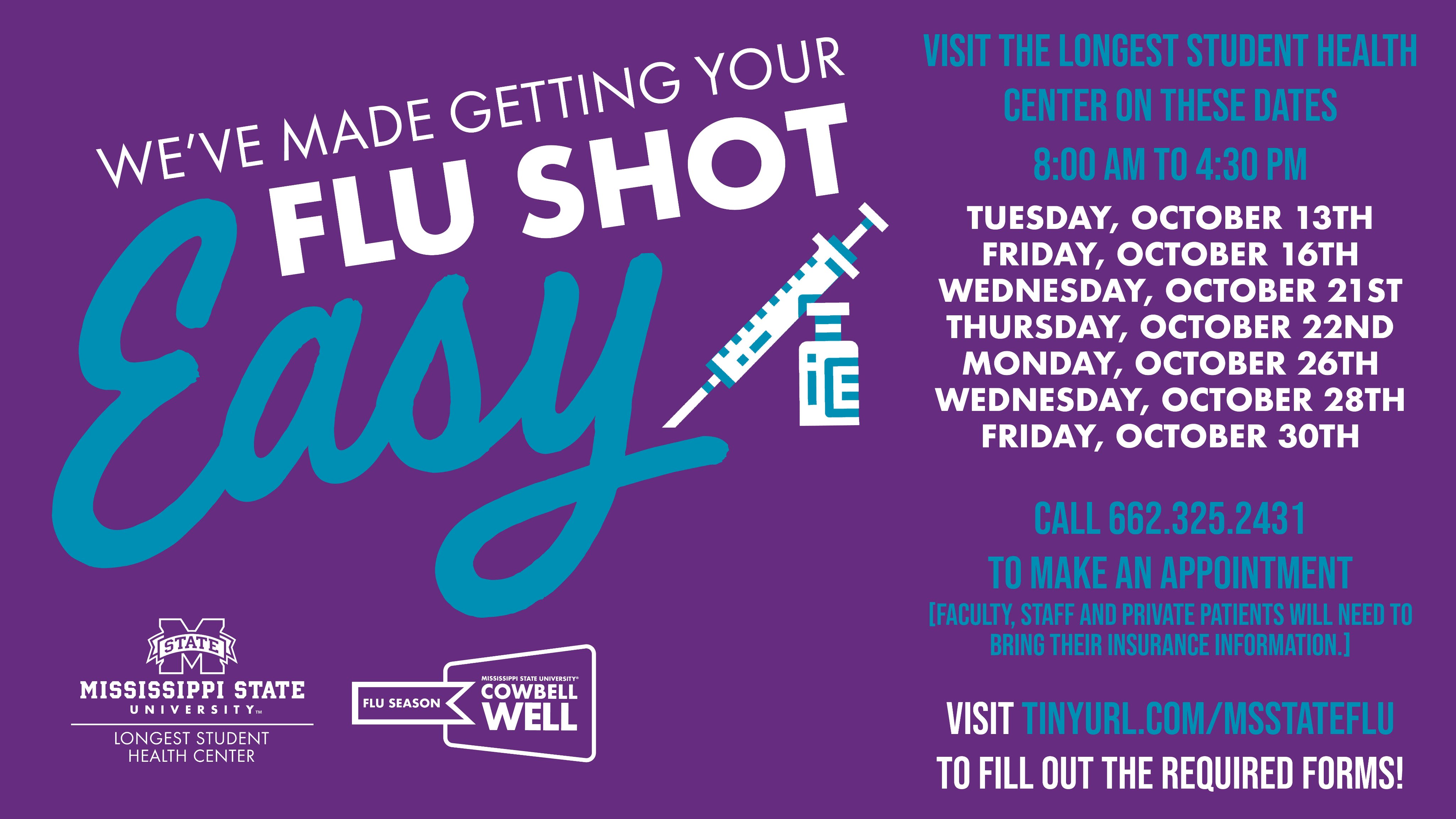 Blue and purple graphic promoting flu shot clinics for MSU students and employees