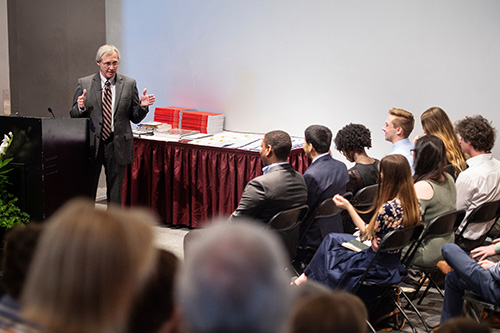 Mississippi State University College of Architecture, Art and Design Dean Jim West encouraged new graduates to work hard and be kind to others during the School of Architecture’s recent Dr. William L. and Jean P. Giles Memorial Lecture. (Photo by Megan Bean)