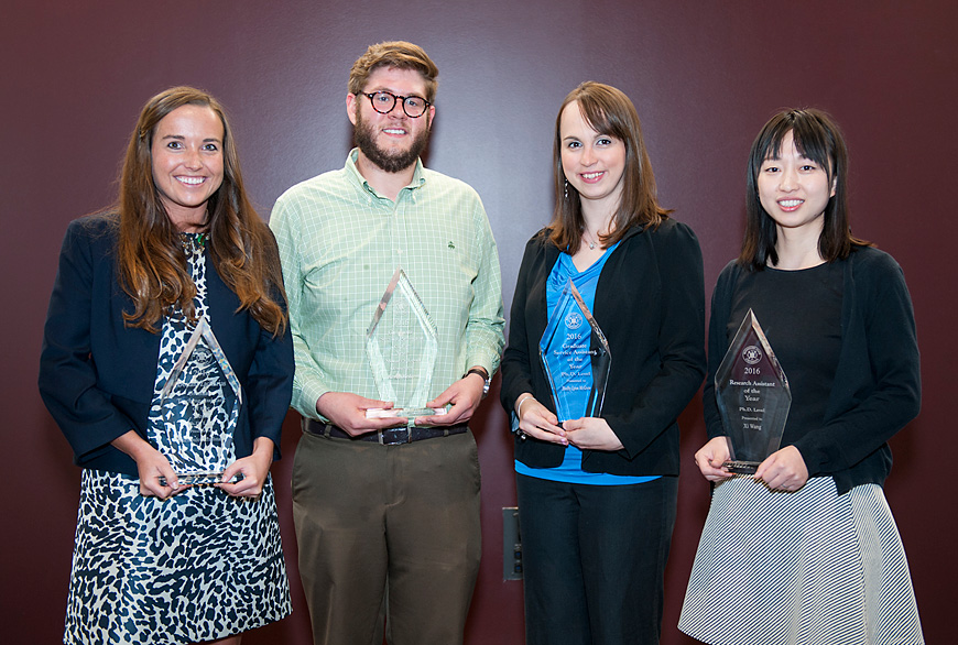 Winners of the 2015-16 MSU Graduate Student Association research and teaching awards include (from left) Alexandra Krallman, Kevin Mederos, Shelby McGrew and Xi Wang. Not pictured are Caitlin Branum and Sandra Schachat. (Photo by Russ Houston)