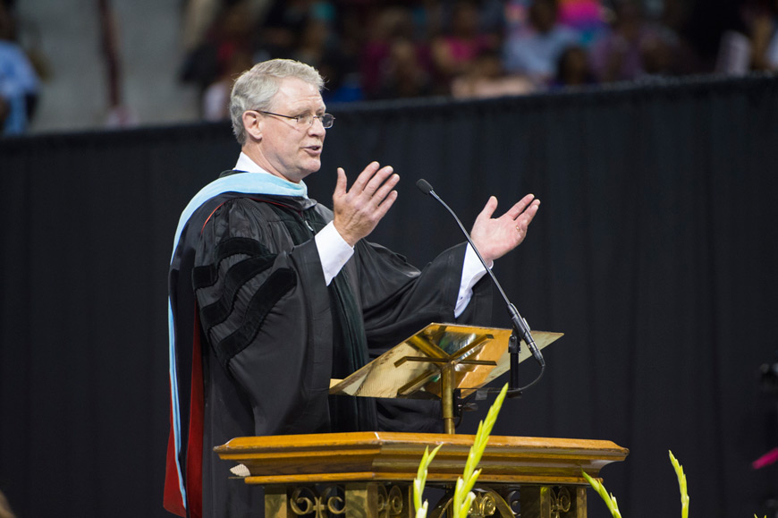 State higher education commissioner Glenn F. Boyce spoke to Mississippi State graduates during spring commencement exercises Friday and Saturday [May 6-7] in Humphrey Coliseum. He told the more than 2,600 candidates for degrees to dare greatly and change the world. (Photo by Russ Houston)