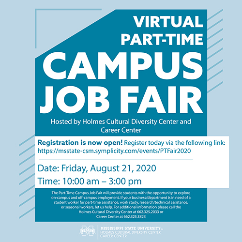 Teal and white graphic promoting MSU's Virtual Part-Time Jobs Fair