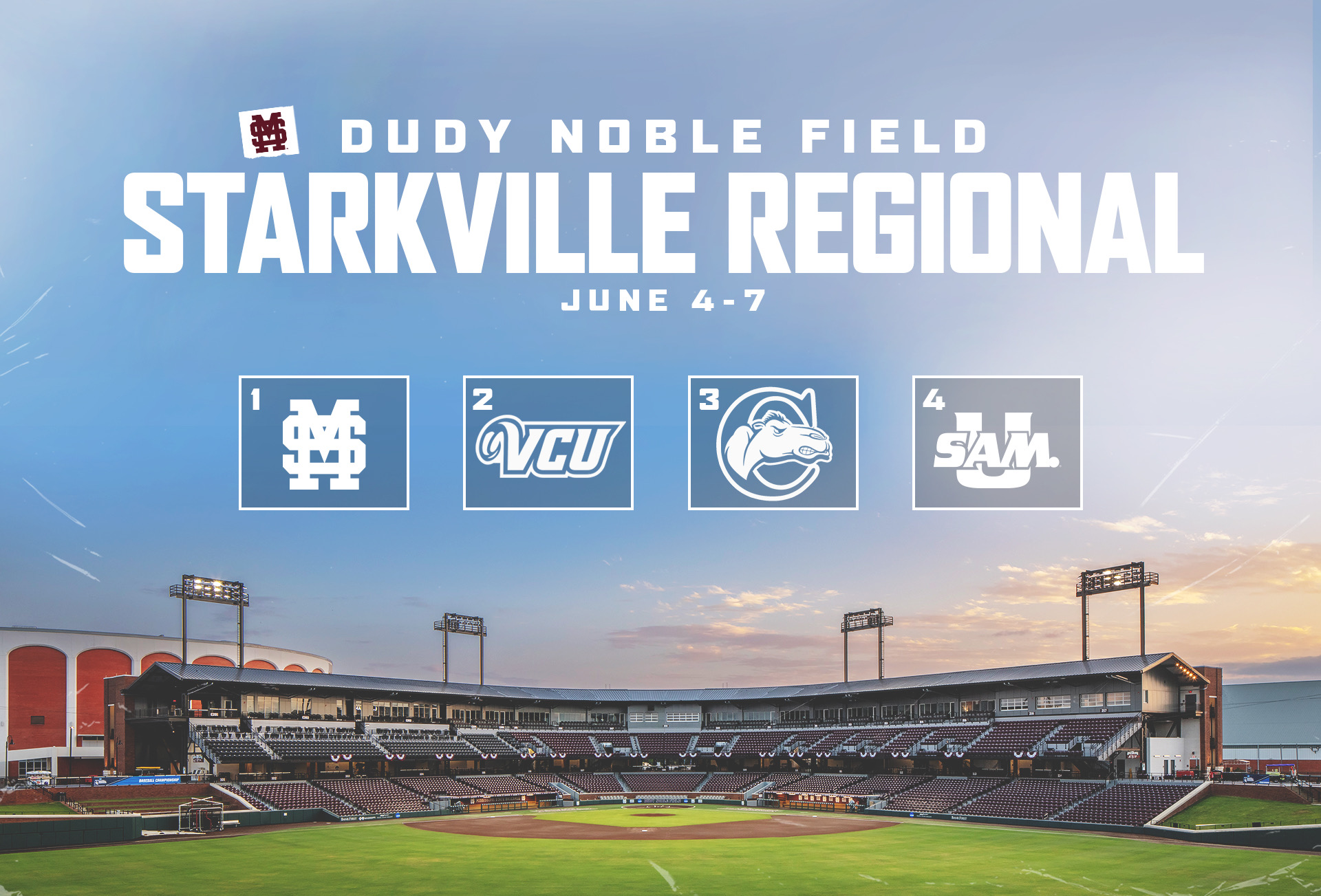 Dudy Noble Field pictured under blue skies on a graphic announcing MSU baseball as the No. 7 national seed and NCAA Starkville Regional host